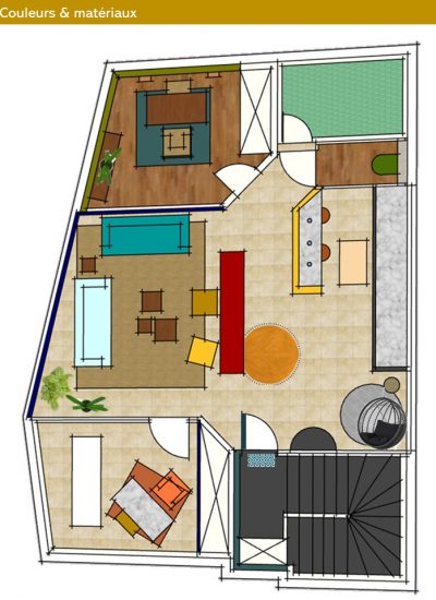 Plan 2D Decoration et aménagement cabinet de therapeutes Projection 2D en couleurs selon le Feng Shui pour les différents espaces de ce lieu professionnel