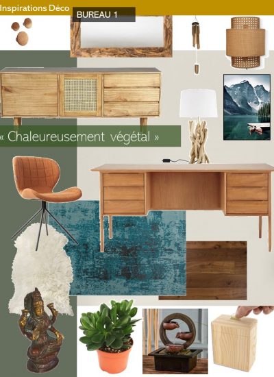 Planche inspiration feng shui bureau bois et eau proposition de couleurs et matériaux pour la décoration d'un bureau secteur bois et eau en Feng shui
